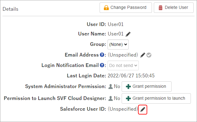 Example of "User" screen