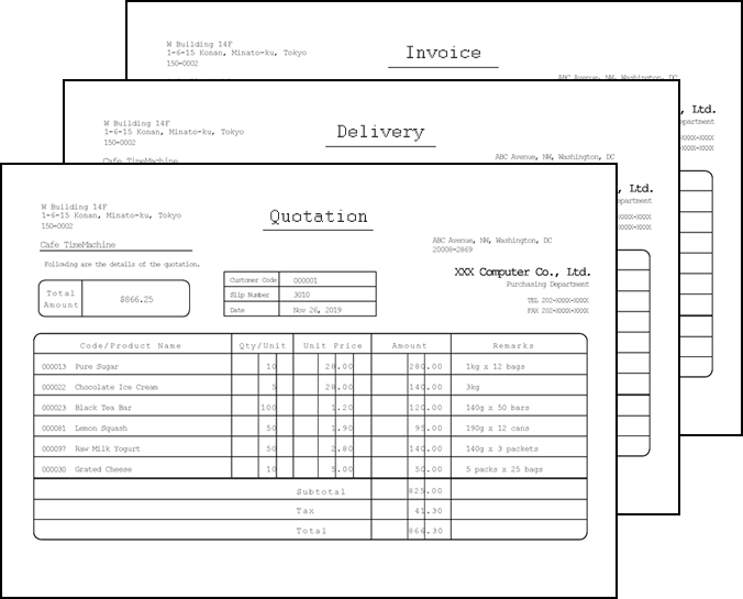 A cut sheet with multiple pages (a receipt of goods, delivery slip, and sales slip)