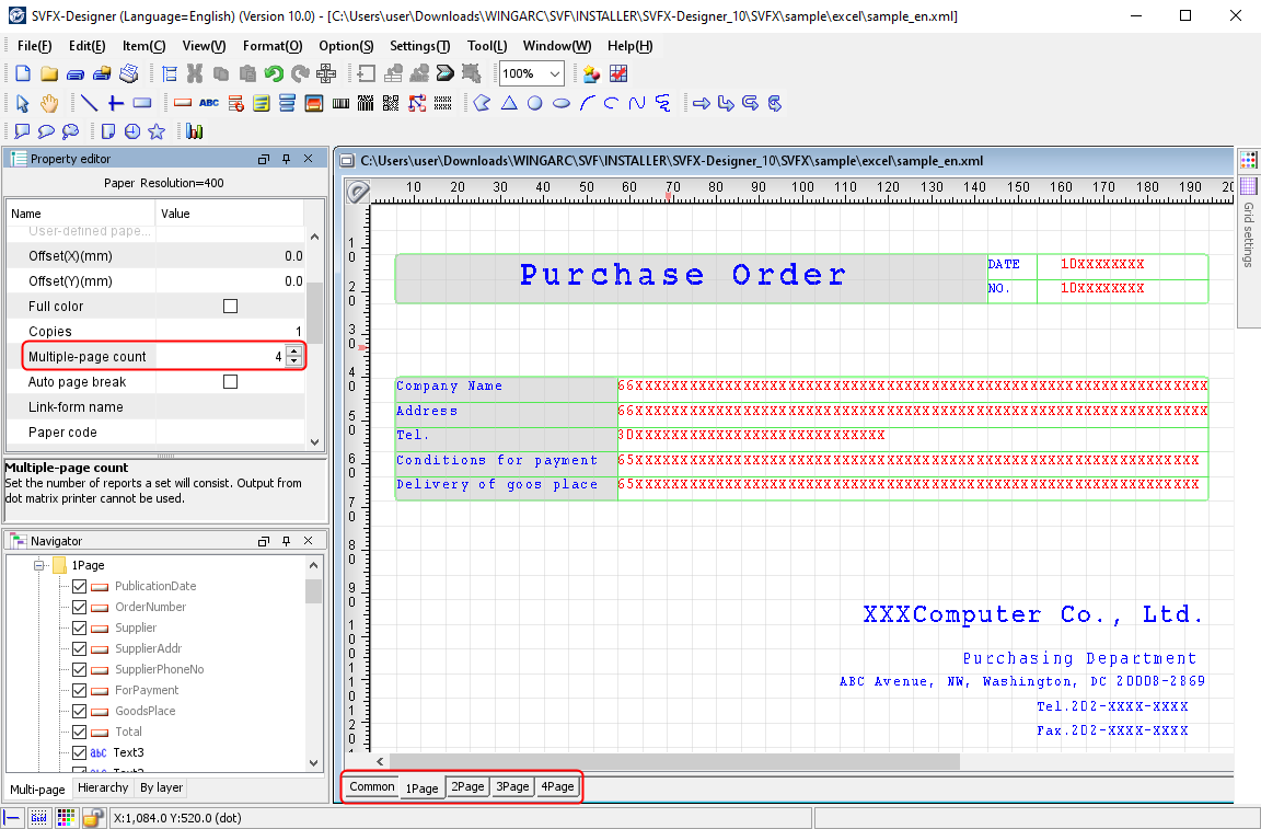 Example of tabs displayed at the bottom of the form window (when the multiple-page count is four)