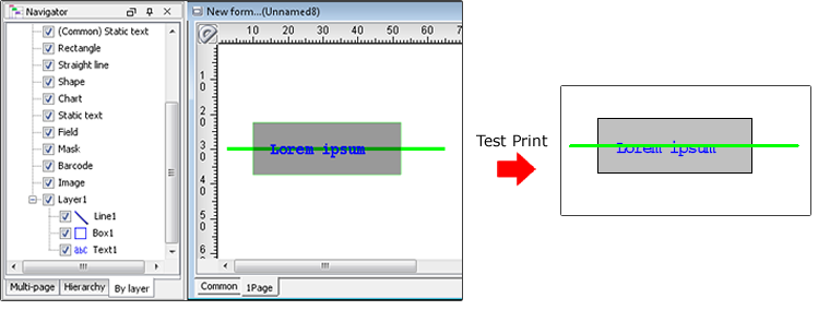 On the form window, the straight line item is placed on the back (left) / In the output result, the straight line item is placed on the front (right)