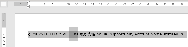 フィールド コードの一部（「TEXT」の文字列）が選択された状態